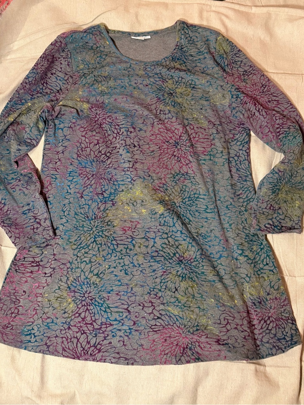 Women's Floral-Print Long Sleeve Dress- Gray With Multicolor Velvet Texture